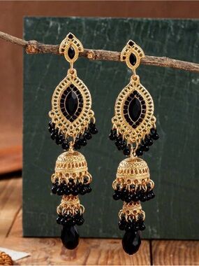 Gold and Black Jhumka Earrings - Elegant Women's Drop Jewelry